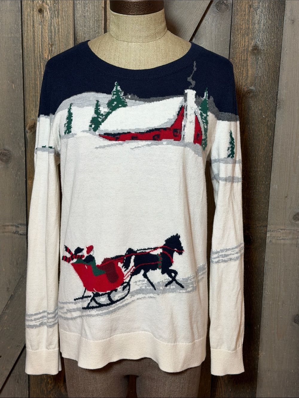 Talbots Winter Horse Sleigh Christmas Holiday Knit Sweater Medium Cozy Cabincore